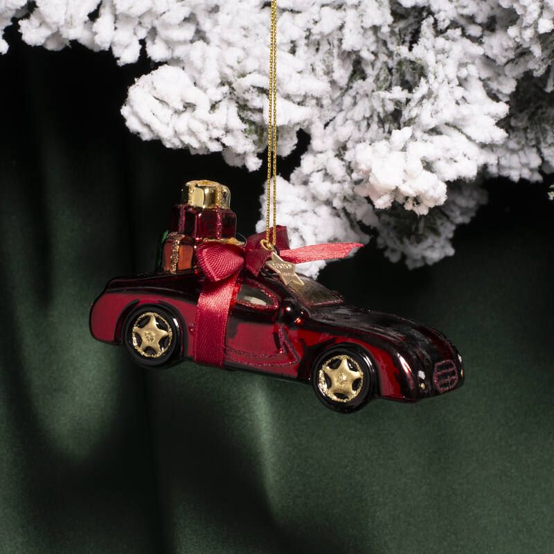 Ornament glass burgundy car w/presents H5cm