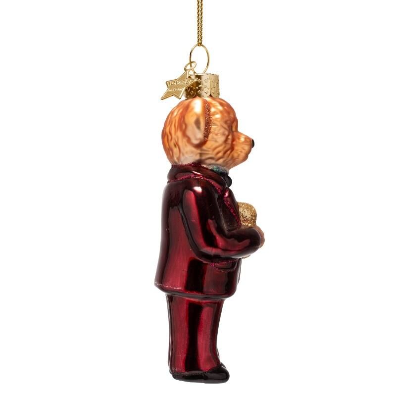 Ornament glass burgundy bear in clothes H11.5cm